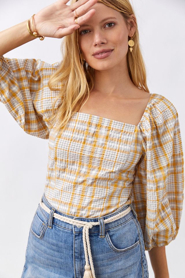 Maeve Plaid Square-Neck Blouse