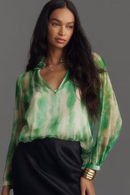 Shop By Anthropologie Long-sleeve V-neck Silk Shirt In Multicolor