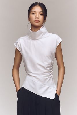 Maeve Mock-neck Asymmetrical Muscle Top In White