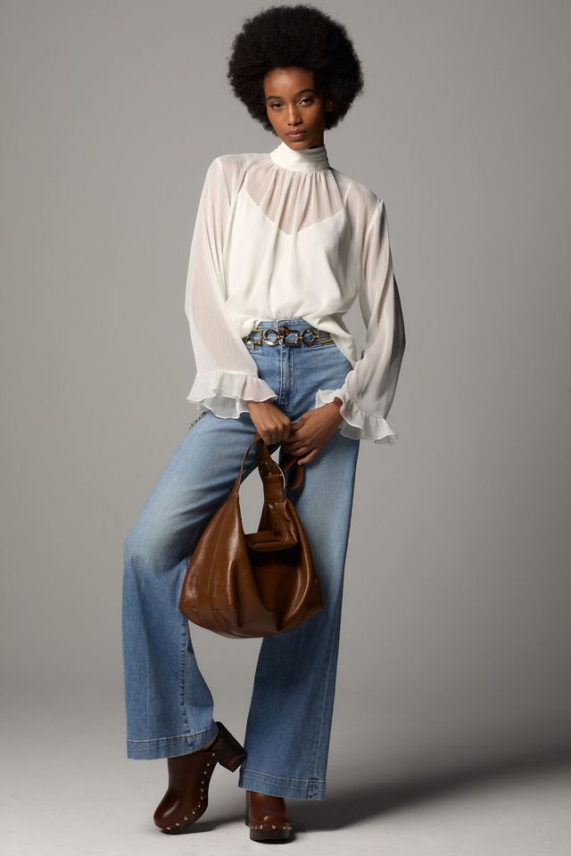 By Anthropologie Long-Sleeve High-Neck Sheer Blouse #2
