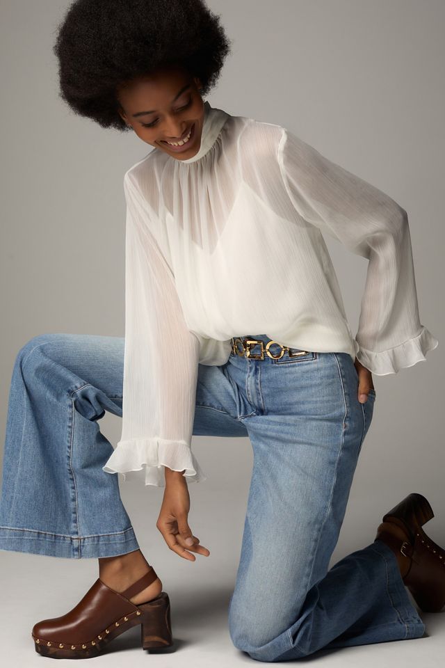 By Anthropologie Long-Sleeve High-Neck Sheer Blouse #3