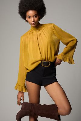 Shop By Anthropologie Long-sleeve High-neck Sheer Blouse In Yellow