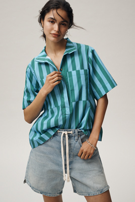 Maeve Short-Sleeve Mock-Neck Popover Swing Blouse