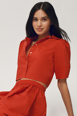 Shop Maeve Lantern-sleeve Blouse In Red