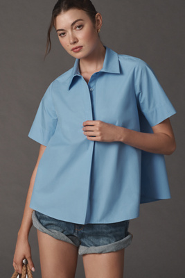 Shop Maeve The Pollie Short-sleeve Swing Blouse By  In Blue