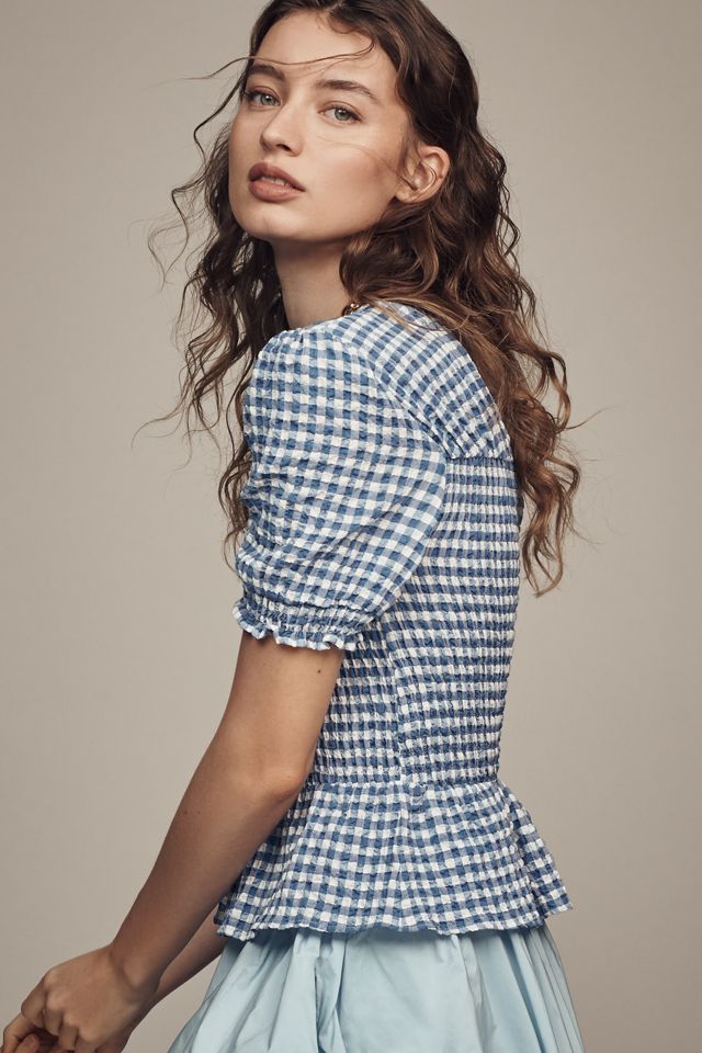 Maeve Smocked-Bodice Puff-Sleeve Blouse #2