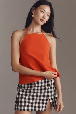 MAEVE LINEN BLEND SQUARE-NECK HALTER TOP 