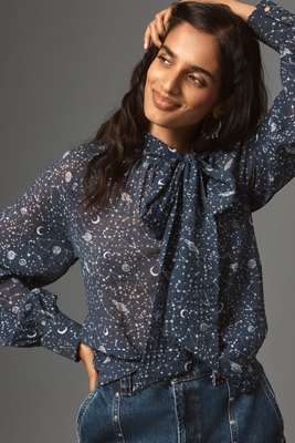 By Anthropologie Organza Tie-neck Blouse In Blue