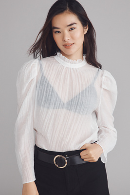 Maeve Sheer Mock-neck Long-sleeve Blouse In White