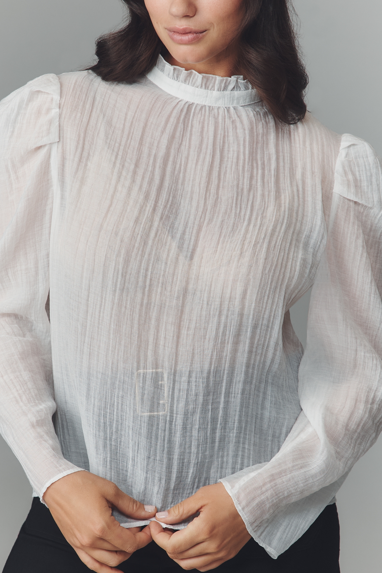 Maeve Sheer Mock-Neck Long-Sleeve Blouse