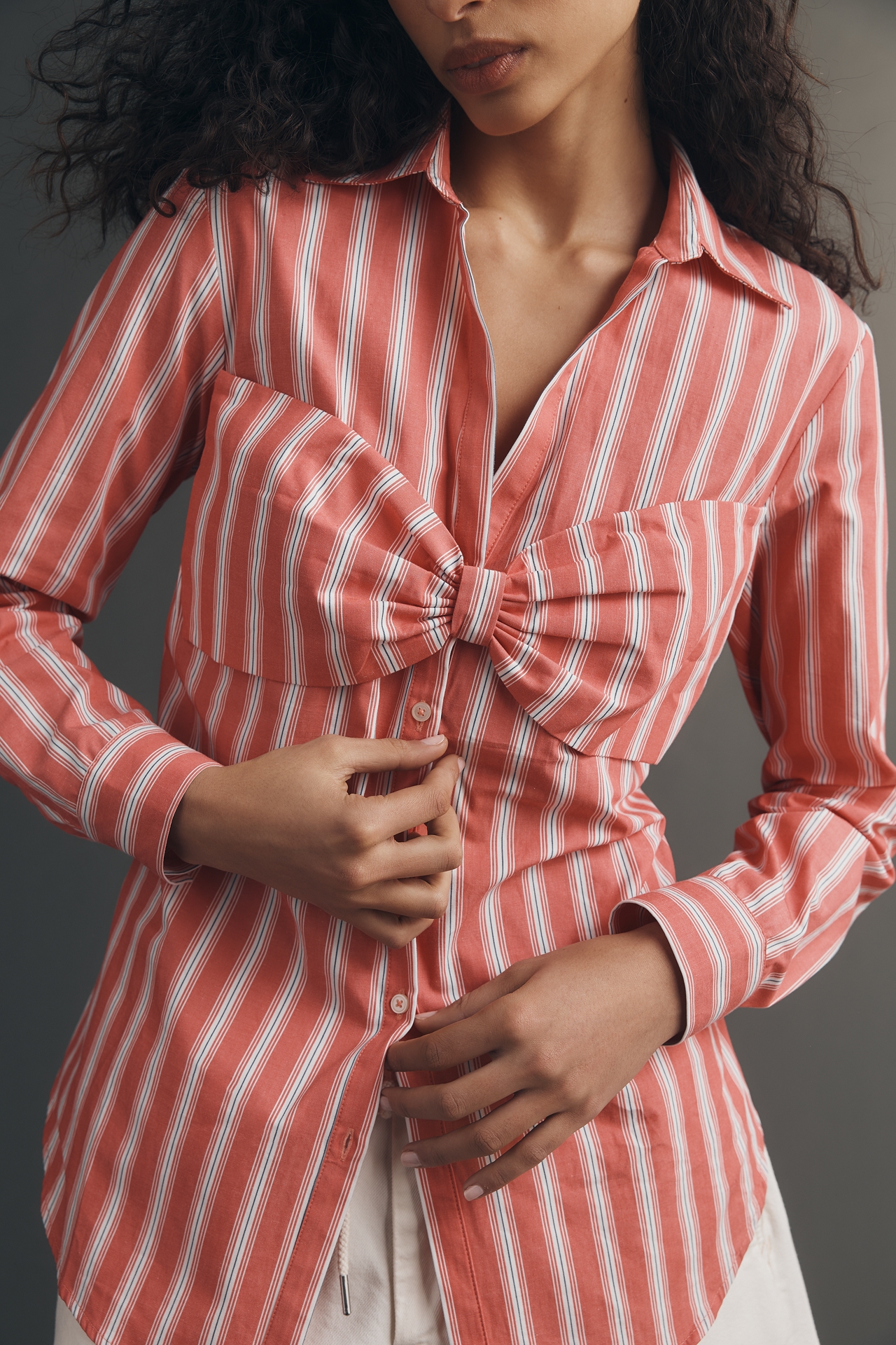 Maeve Bow Long-Sleeve Buttondown Top