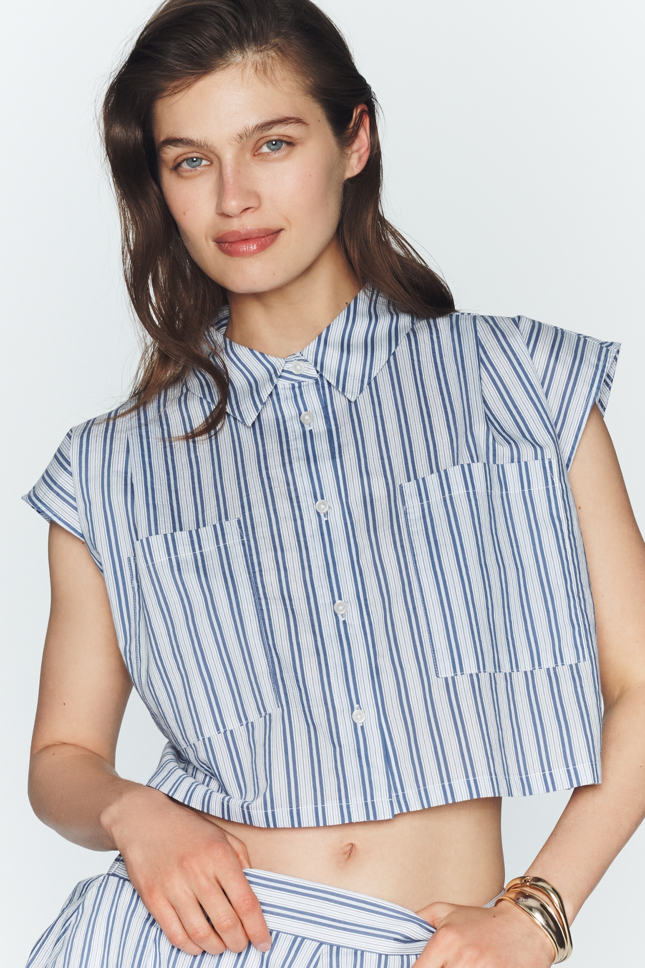 Maeve Cap-Sleeve Crop Buttondown Top