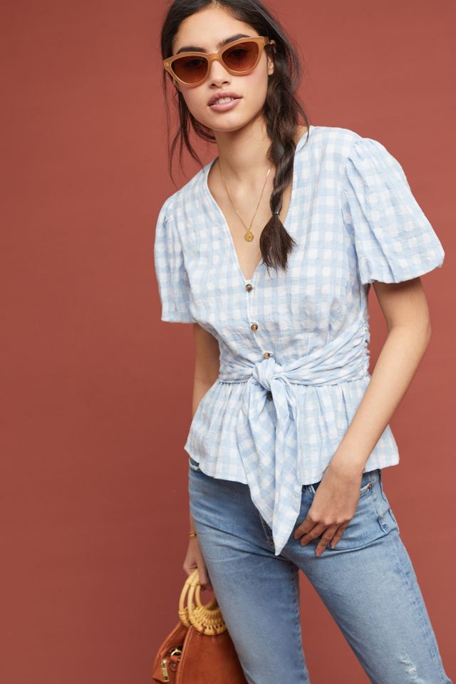 Gingham Puff-Sleeved Blouse | Anthropologie