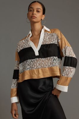 Shop Maeve Long-sleeve Paneled Rugby Top In Multicolor