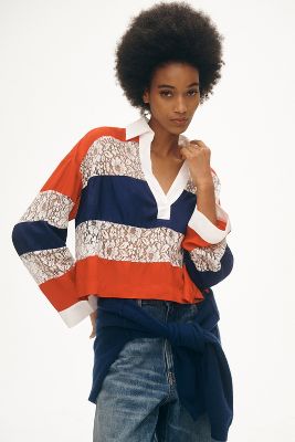 Shop Maeve Long-sleeve Paneled Rugby Top In Multicolor