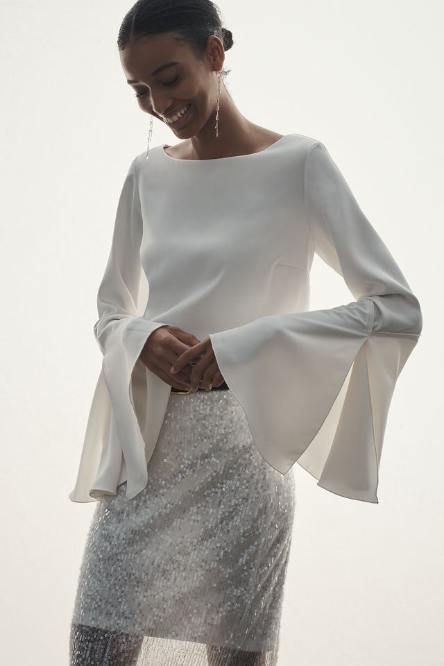Bell Sleeve Outfits Con Blusas Manga Acampanada Blusa De Satén De