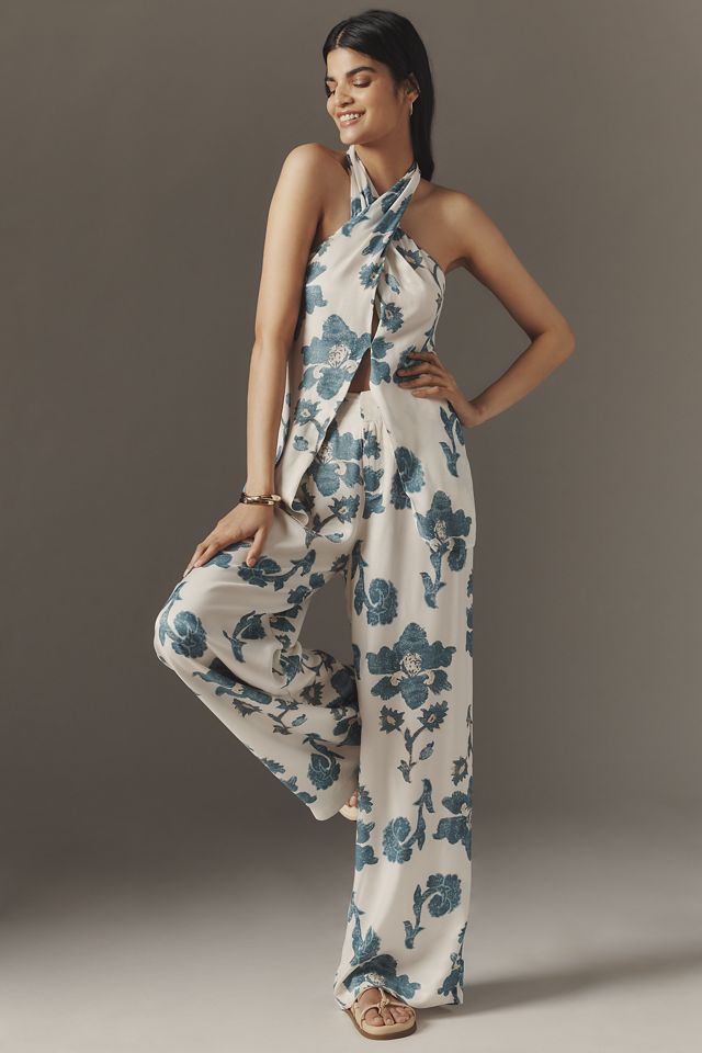 By Anthropologie Halter Block Print Silky Blouse