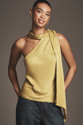 By Anthropologie One-shoulder Tie-neck Top In Green