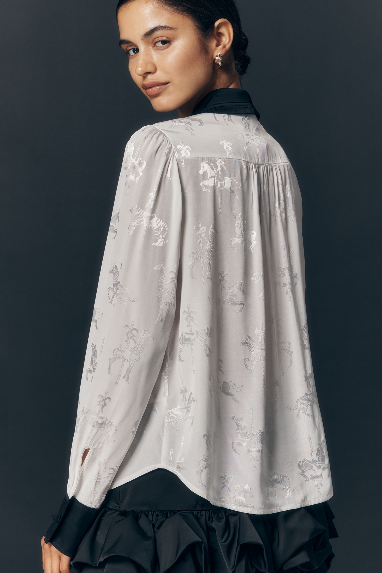 Maeve Long-Sleeve Printed Silky Buttondown Blouse