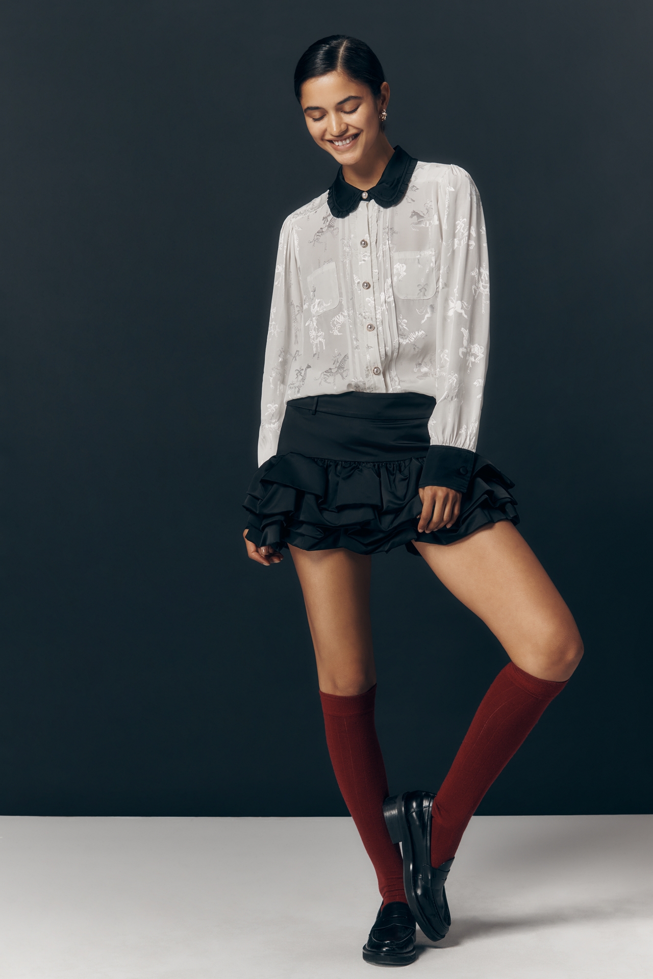 Maeve Long-Sleeve Printed Silky Buttondown Blouse