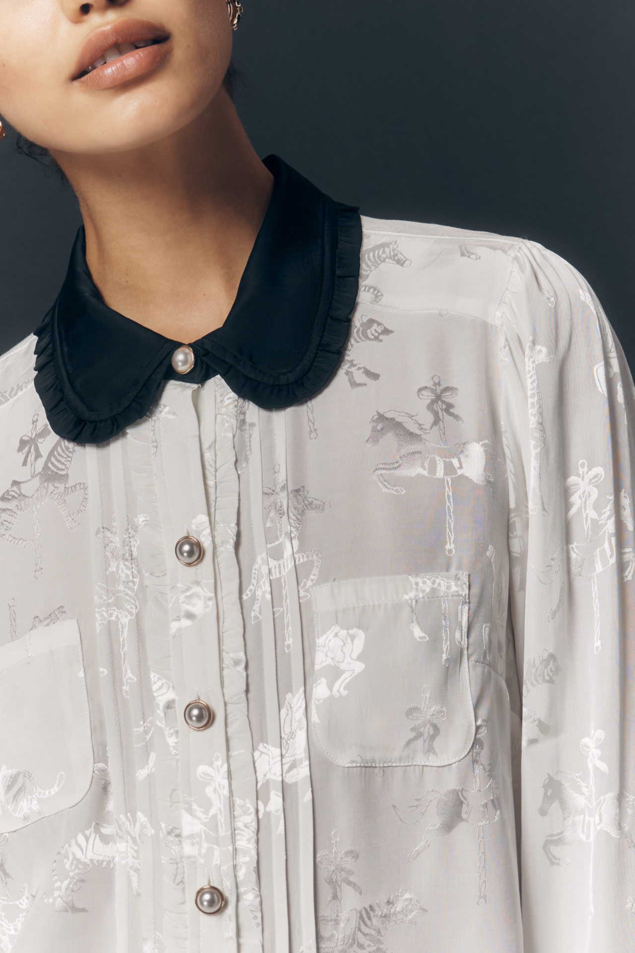 Maeve Long-Sleeve Printed Silky Buttondown Blouse