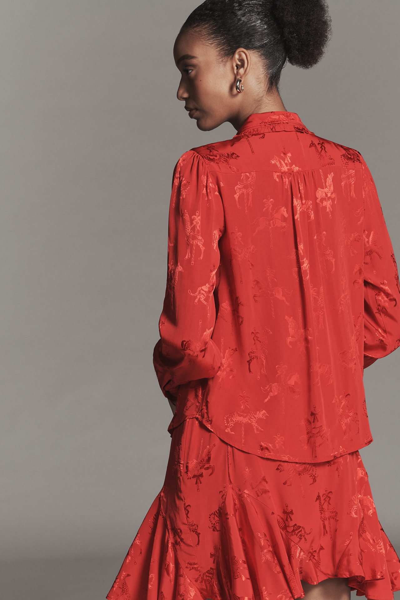 Maeve Long-Sleeve Printed Silky Buttondown Blouse