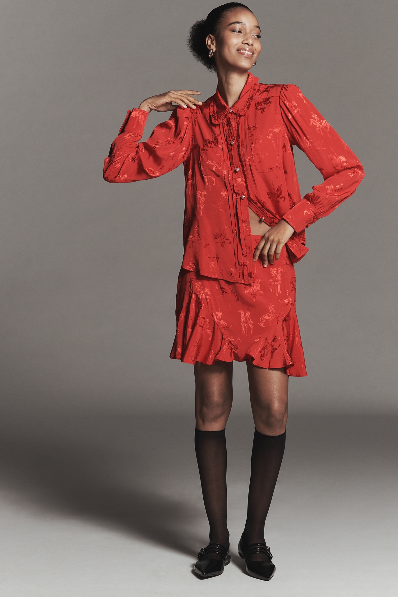 Maeve Long-Sleeve Printed Silky Buttondown Blouse