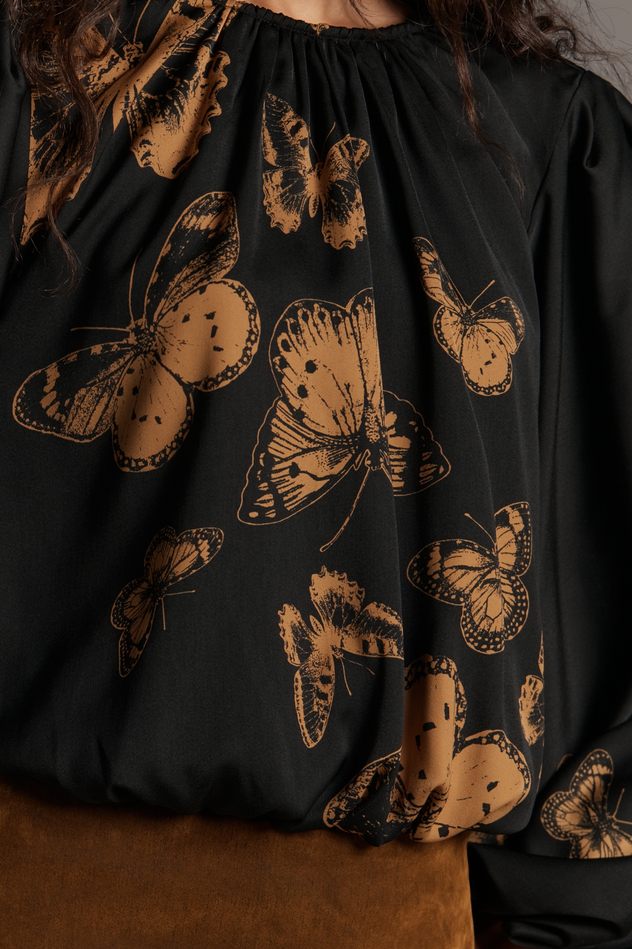 By Anthropologie Cropped Puff-Sleeve Bubble-Hem Blouse