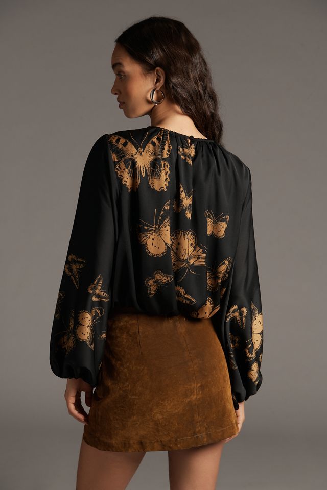 By Anthropologie Cropped Puff-Sleeve Bubble-Hem Blouse #4