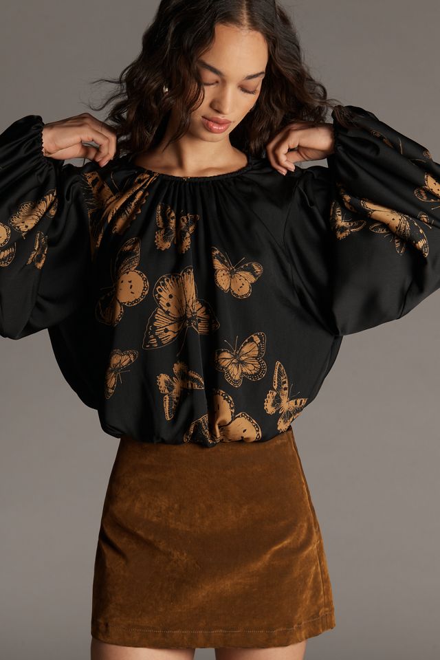 By Anthropologie Cropped Puff-Sleeve Bubble-Hem Blouse #1