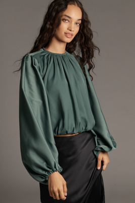 By Anthropologie Cropped Puff-sleeve Bubble-hem Blouse In Green