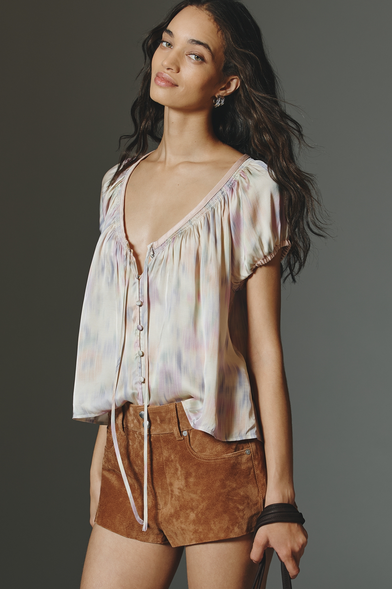 By Anthropologie Silky Puff Sleeve Buttondown Blouse