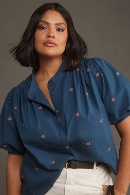Shop Mare Mare Puff-sleeve Embroidered Blouse In Blue