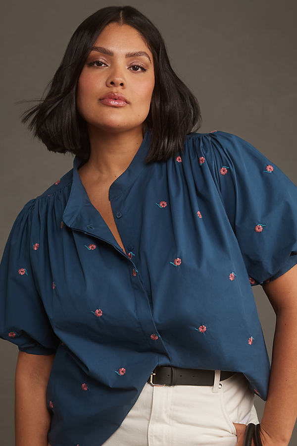 Mare Mare Puff-sleeve Embroidered Blouse In Blue