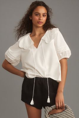 Shop Mare Mare Puff-sleeve Collared Linen-blend Blouse In White
