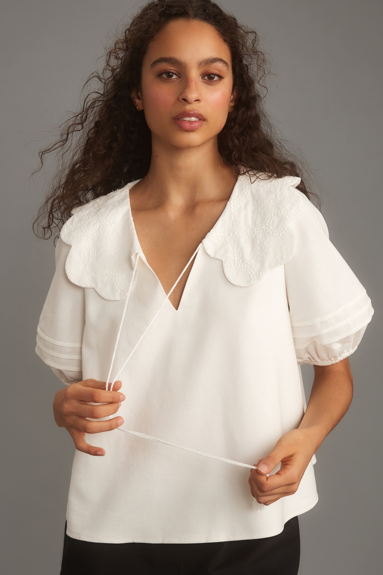 Mare Puff-Sleeve Collared Linen Blouse