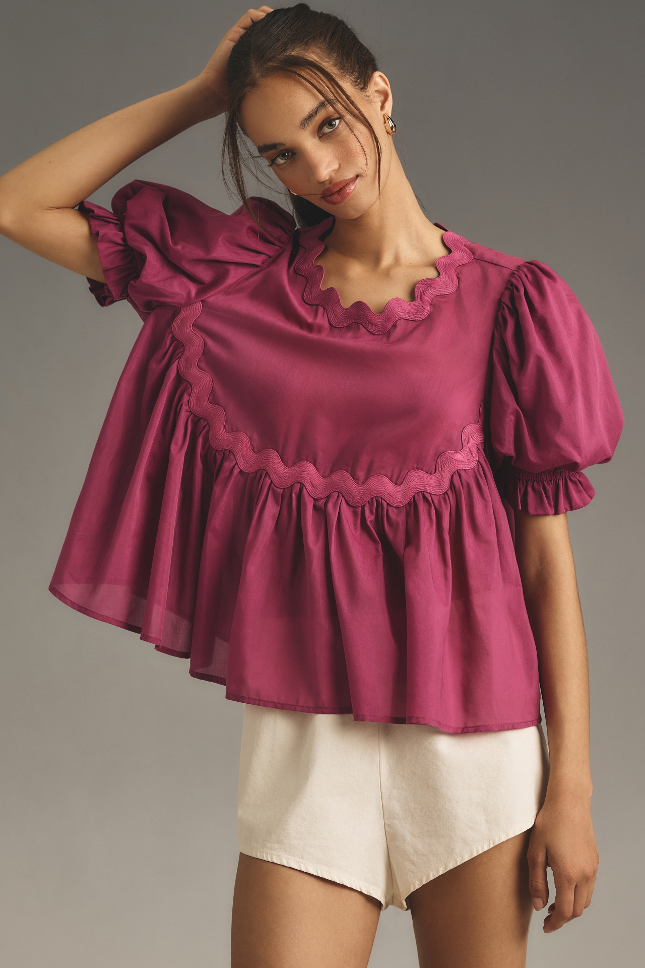 Mare Short-Sleeve Ric Rac Babydoll Top