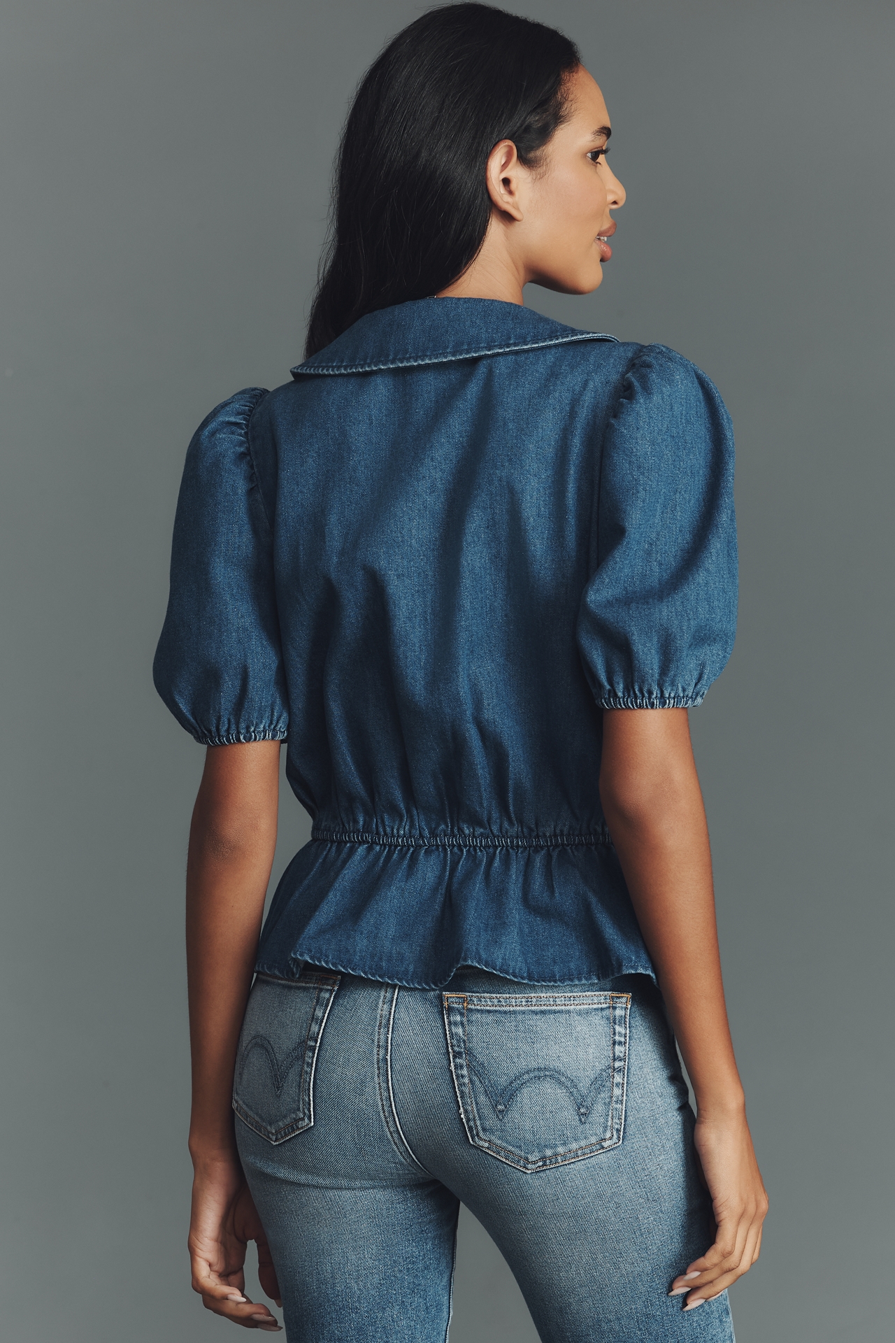 Mare Puff-Sleeve Peplum Denim Top