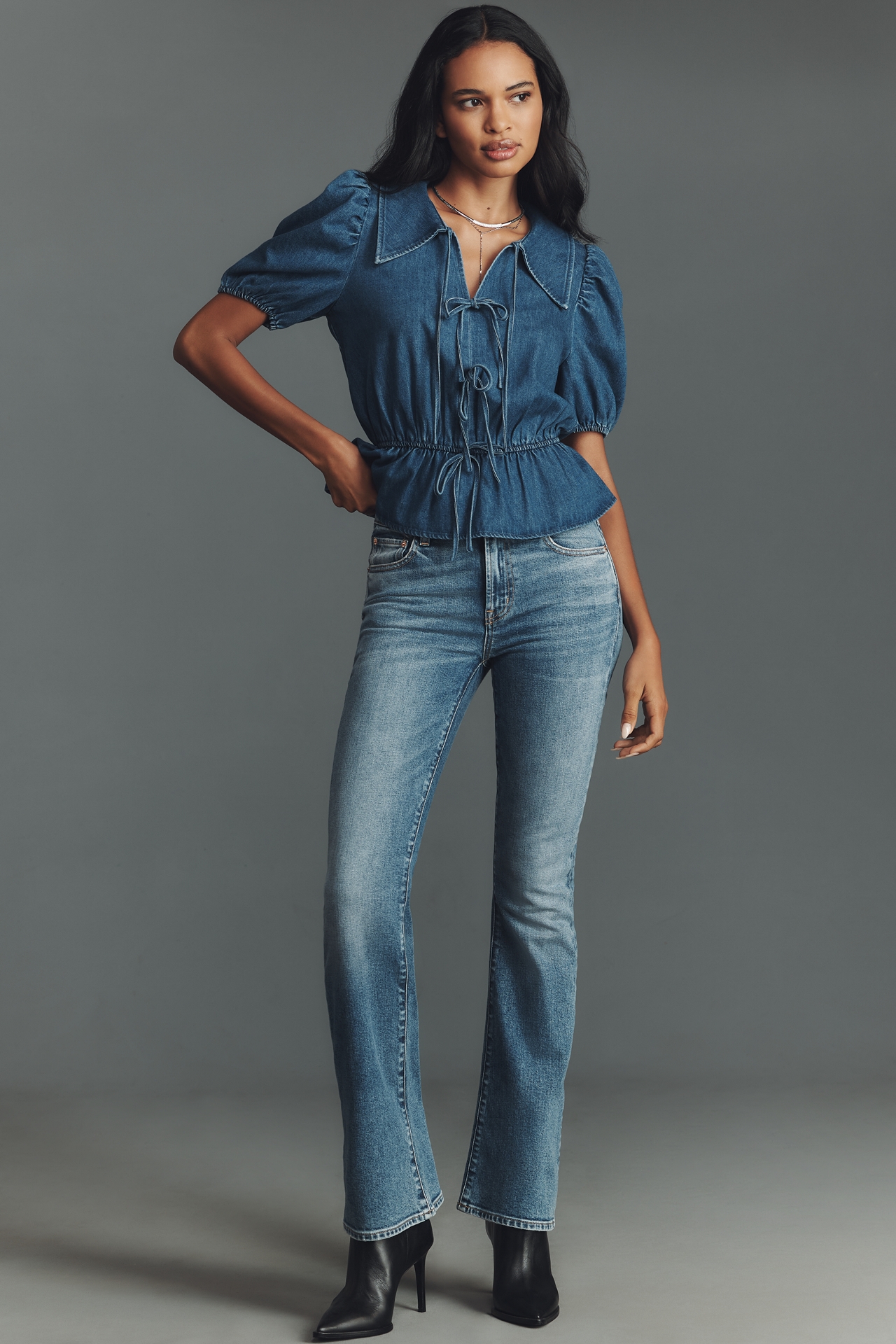 Mare Puff-Sleeve Peplum Denim Top