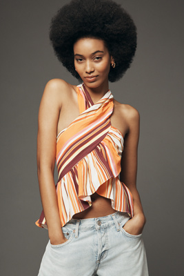 Ruffle Cross-Neck Halter Tank Top