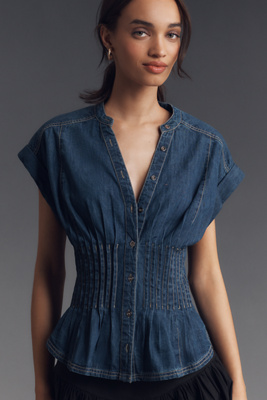 PILCRO SHORT-SLEEVE PLEATED CORSET BLOUSE 