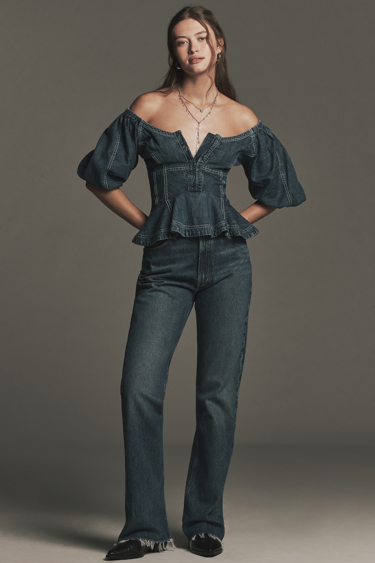 Pilcro Puff-Sleeve Peplum Blouse