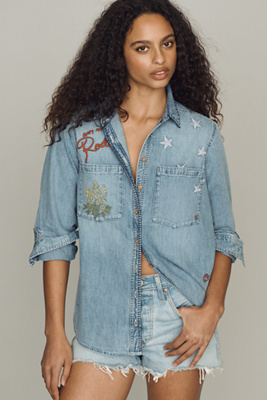 Pilcro Long-Sleeve Embroidered Icon Denim Buttondown Shirt