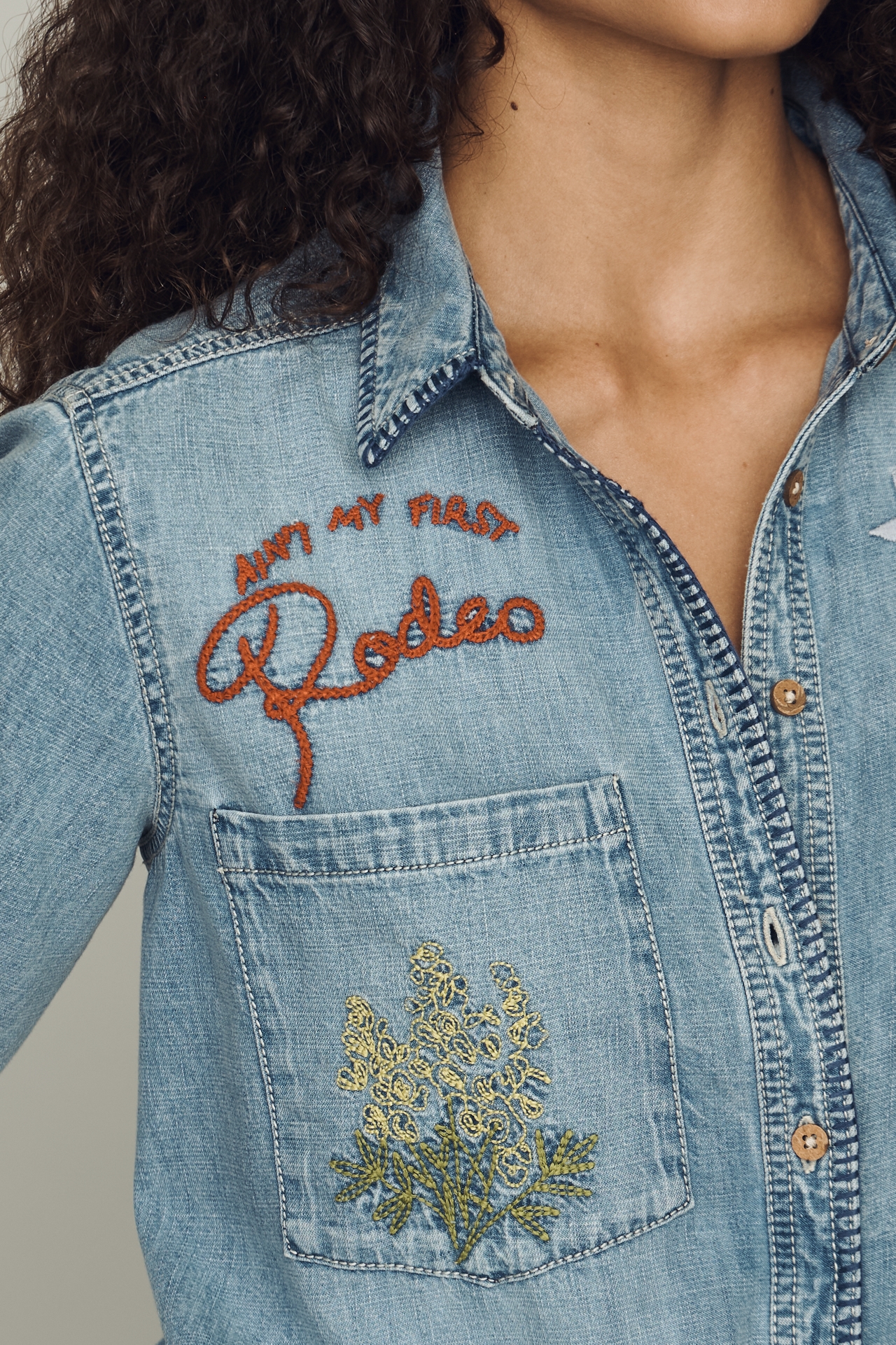 Pilcro Long-Sleeve Embroidered Icon Denim Buttondown Shirt