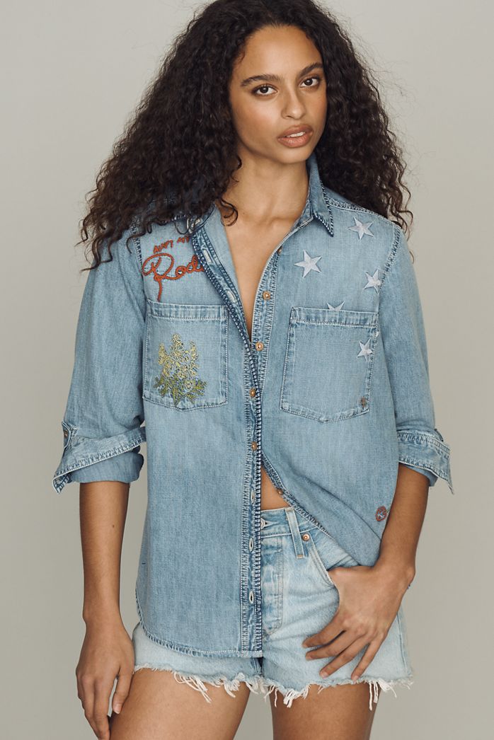 Pilcro Long-Sleeve Embroidered Icon Denim Buttondown Shirt