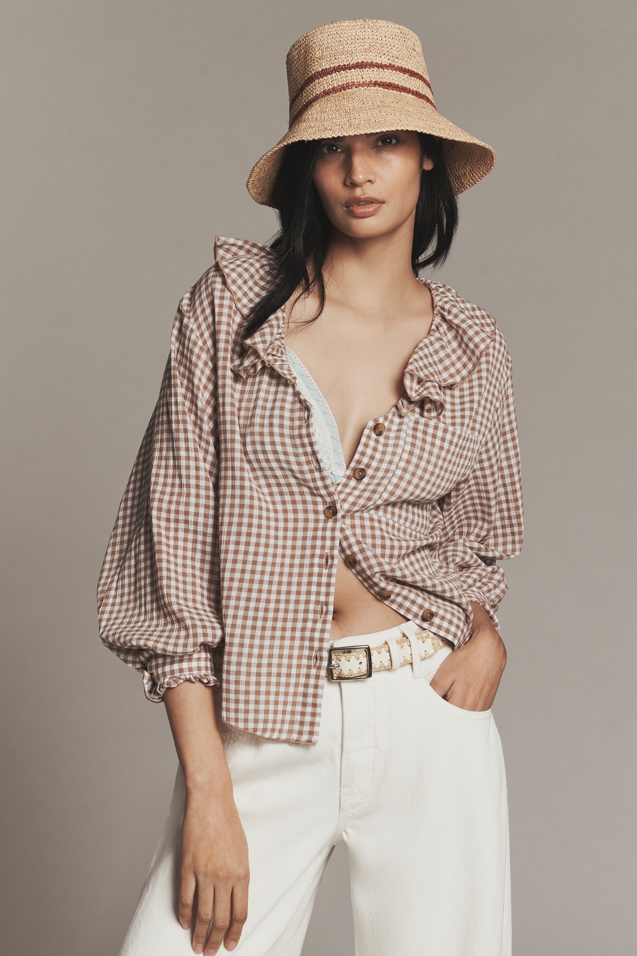 Pilcro 3/4 Sleeve Ruffle Collar Buttondown Shirt