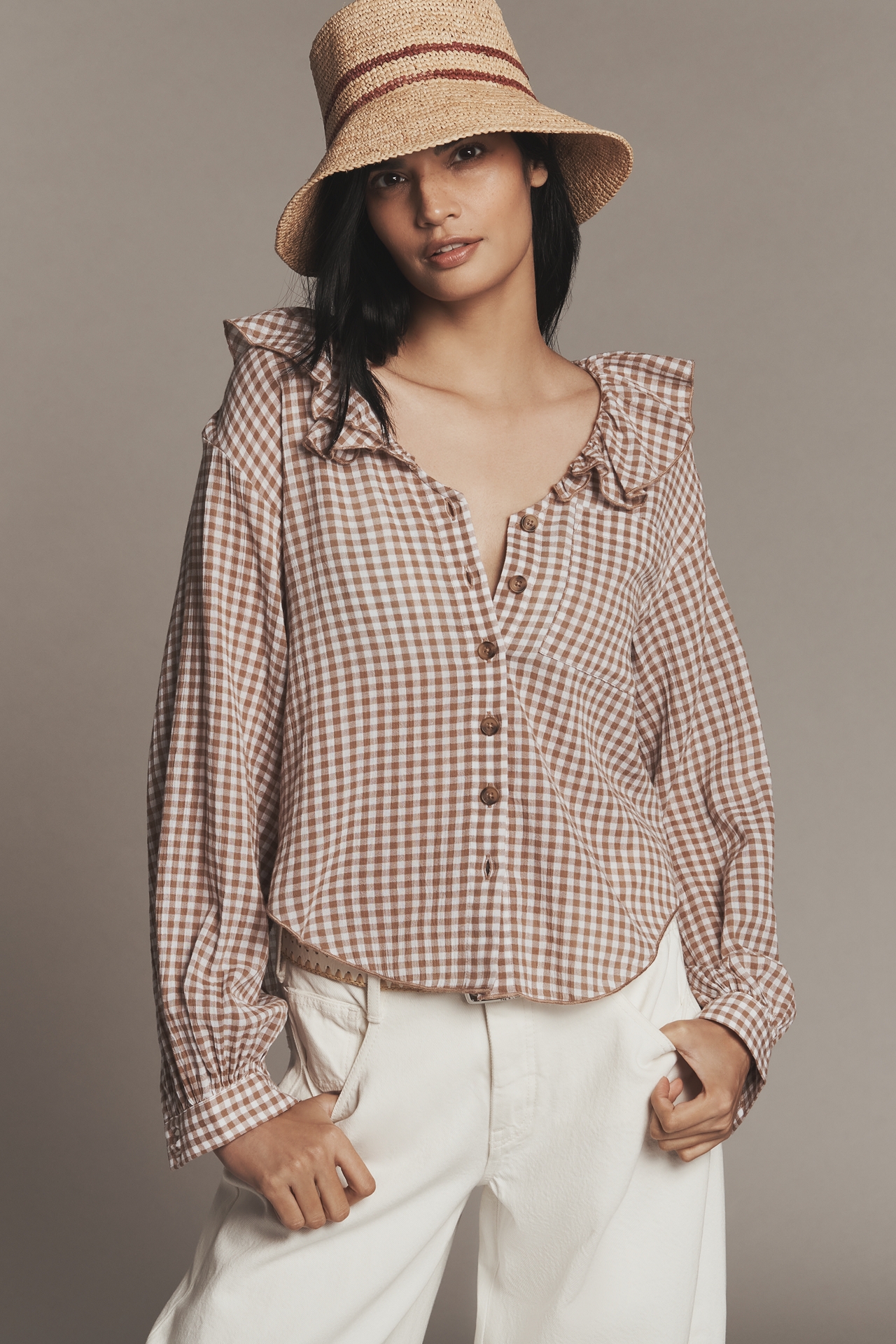 Pilcro 3/4 Sleeve Ruffle Collar Buttondown Shirt