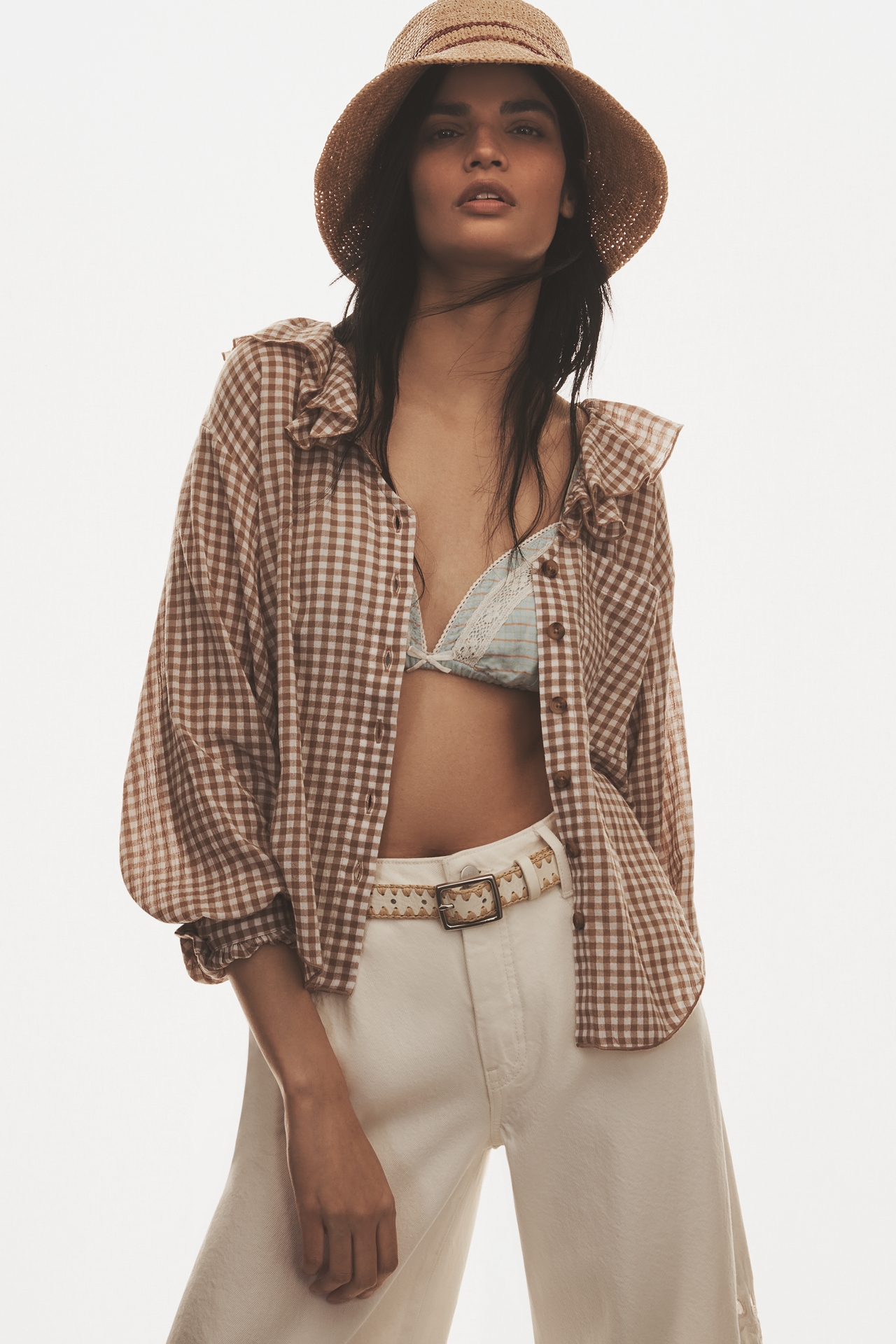 Pilcro 3/4 Sleeve Ruffle Collar Buttondown Shirt