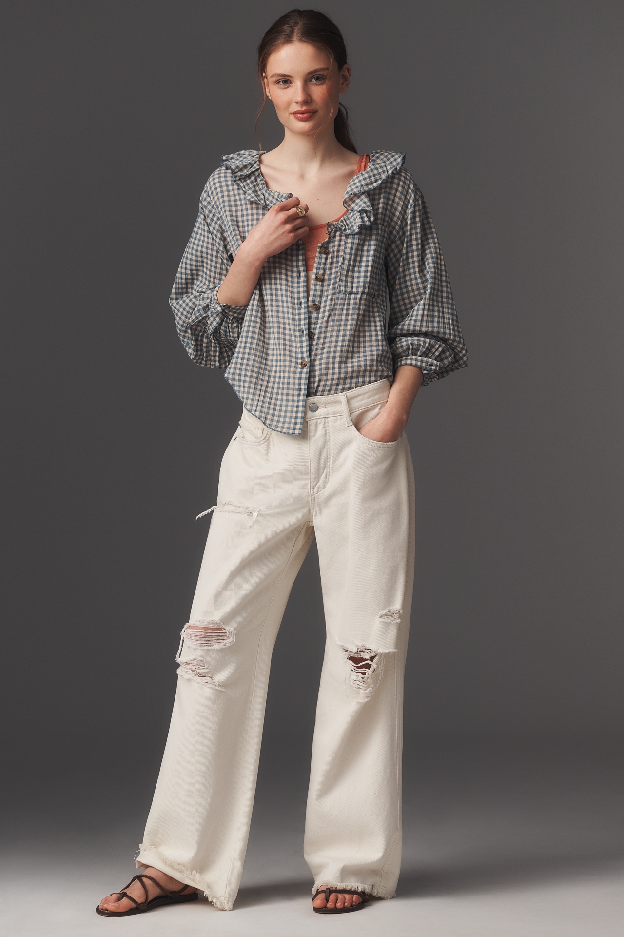 Remy Ruffle Collar Buttondown Shirt by Pilcro