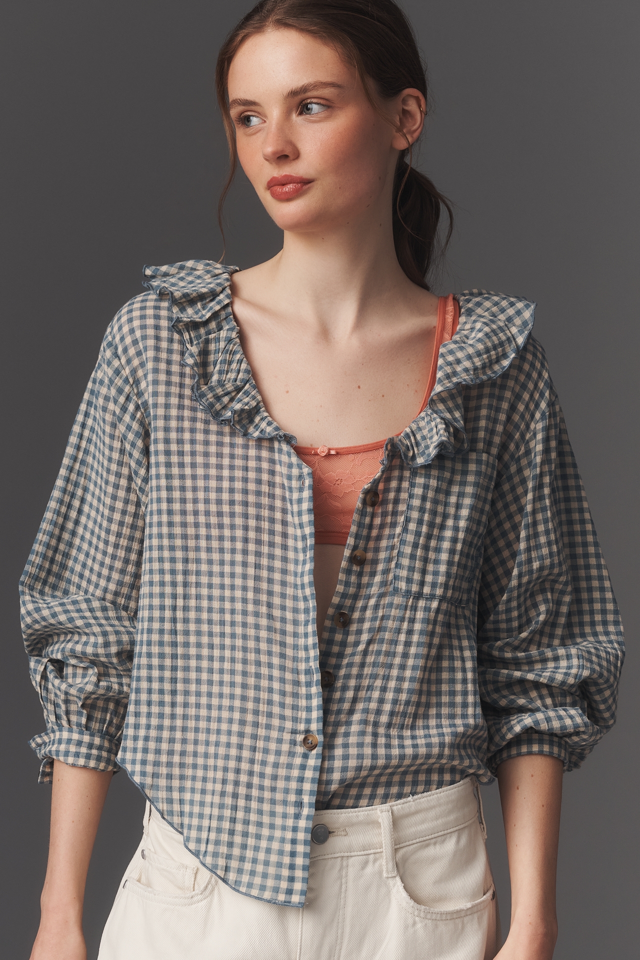 Remy Ruffle Collar Buttondown Shirt by Pilcro